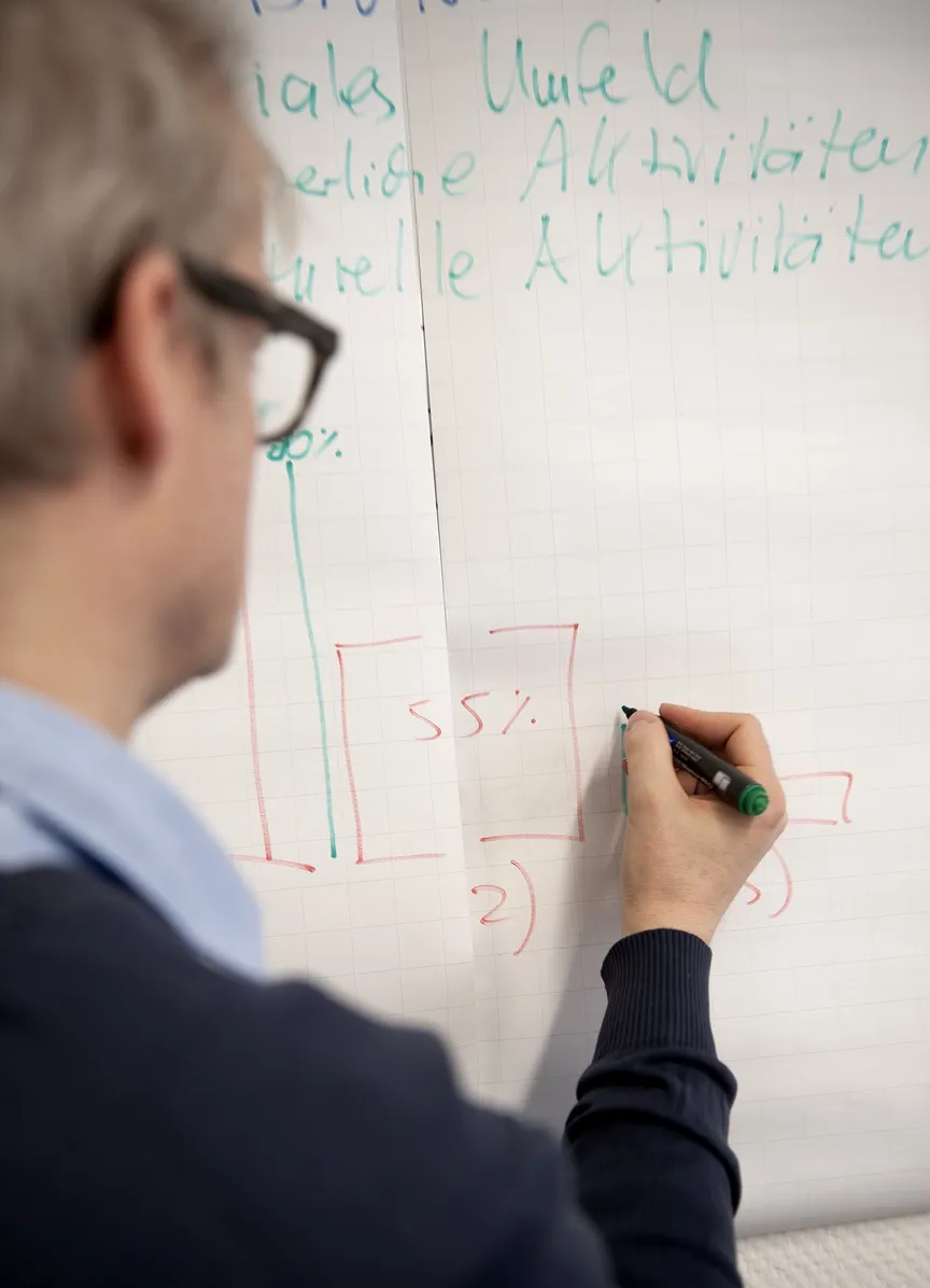 eine Person erstellt ein Diagramm auf einem Flipchart